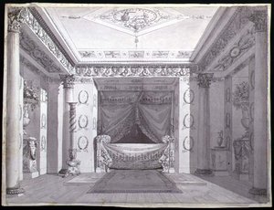 Design til et Empire Bedroom, ca. 1810 (pen & blæk og akvarel på papir) af Charles (attr. to) Percier
