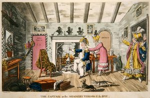 "Kaptajnen i nonneklosteret vender spyttet", plade fra "The Adventures of Johnny Newcome in the Navy" af John Mitford (1782-1831) (akvaratinte i farver) af Charles (c.1797 1850) (after) Williams