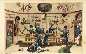 Johnny Newcome bringer rom til sine officerer i midtskibsmandens messe af Charles (c.1797 1850) (after) Williams