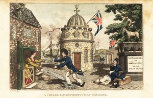 Johnny Newcome på land tager afsted og besøger Poll Raffle, en prostitueret i Prospect Row af Charles (c.1797 1850) (after) Williams