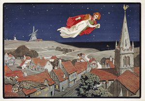 Peter og Wendy flyver fra Peter Pan af J M Barrie (1860 - 1937), Pub.1904 (Color Litho)