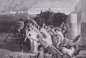 Gallere bortført af hunnerne (litho) af Charles Alexandre Coessin de la Fosse