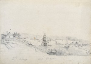 Til højre, lejren for franskmændene fra Baudin-ekspeditionen til Bennelong-punktet, venstre, Sydney, hjemsted for Nicolas Bayley - blyant og blæk af Charles Alexandre Lesueur