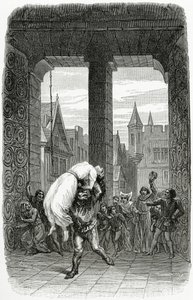 Quasimodo redder Esmeralda fra henrettelse - illustration fra Notre Dame de Paris, 1800-tallet (bw-gravering)