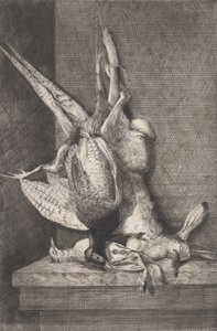 Jagttrofæ med fuglevildt og kanin, 1850-1900. af Charles Alphonse Deblois