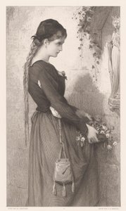 Ung kvinde bringer blomster til niche med statue af Maria Marguerite (titel på objekt) af Charles Alphonse Deblois