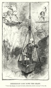 Stephenson går ned af skaftet (gravering)