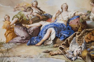 Resten af ​​Diana blandt nymferne, af Charles-Andre van Loo (1705-1765), fresco, hvælvet loft i soveværelset, Dronningens lejlighed, Jagtbolig, af Filippo Juvarra (1678-1736). ), Stupinigi, Piemonte, Italien