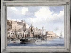 Udsigt over Malta (udsigt på Malta) (Grand Port de la Valette med Fort Sant Angelo) - Maleri af Charles Andrew Dyce (1816-1853), akvarel på papir (25,1x34,9 cm), omkring 1849 - Yale University ( USA) af Charles Andrew Dyce