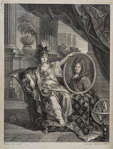 Ludvig XIV (1638-1715), konge af Frankrig, videnskabens beskytter - gravering af Antoine Coypel i "Historien om Det Kongelige Videnskabsakademi"" 1703 af Charles Antoine (after) Coypel