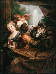 Ung sort mand holder en kurv med frugt og en ung pige, der stryger en hund af Charles Antoine Coypel
