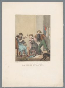 Dreng skræmmer to piger med kunstigt skæg La barbe du sapeur (titel på objekt) Barnets leg og fortræd (serietitel) Les jeux de l