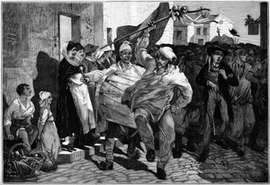 Militærtjeneste: lodtrækning i Bourgogne, værnepligtige nær Macon. Indgravering af Montbart i ""The Illustrous World"" nr. 1299 af 18. februar 1882. af Charles Auguste Loye