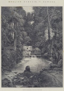 English Homes, Bowood, Cascade in the Park, ved enden af søen af Charles Auguste Loye