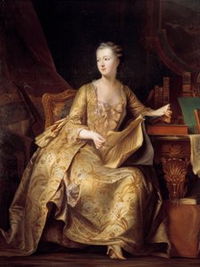 Portræt af Jeanne Antoinette Poisson, Madame de Pompadour (kendt som Marquise of Pompadour) (1722-1764) med et partitur musik, Maleri af Charles Auguste Steuben (1788-1856) (ec.alle) 1800-tallet søn. 1,65x1,32 m af Charles Auguste Steuben