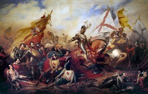 Religionskrige (1562-1598): "" Kong Henrik IV af Frankrig (1553-1610) ved slaget ved Ivry den 14/03/1590"" Den kongelige hær vandt over den katolske ligas hær. Detalje af maleriet af Charles de Steuben (1788-1856) 1800-tallet søn. 4,2x8,1 m - Wa