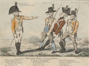 The Lock Step, or drilling for the Review, 1797 (farvet radering) af Charles Aylmer