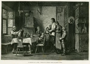 Den velsignede. Barbant-gravering efter et maleri af Brion, for at illustrere historien A Through Alsace and Lorraine, af Charles Grad, tysk deputeret, i 1884, i tour du monde 1886, instrueret af Edouard Charton (1807-1890), Hachette, Paris. af Charles Barbant