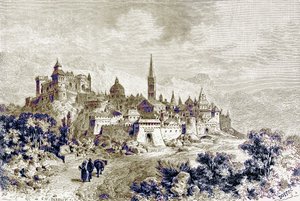 Udsigt over Spoleto, illustration fra "History of Rome" af Victor Duruy, udgivet i 1884 (digitalt forstørret billede) af Charles Barbant