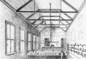 Kemisk laboratorium, Dulwich College, ca. 1870 (litografi)