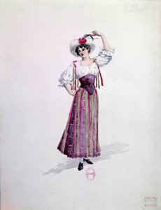 Ung kvindekostume (Nedda eller Colombine?) til operaen "" Paillasse"" (de pagliacci, klovne) af Ruggero Leoncavallo (1857-1919) fra 1892. Akvarel af Charles Bianchini (1860-1905)