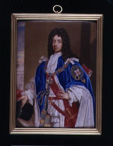Portrætminiature af John Manners, 2. hertug af Rutland (1676-1721) i Garter Robes, ca. 1715 (emalje på metal)