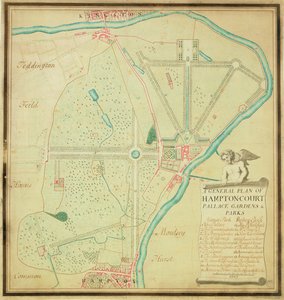 En generel plan for Hampton Court Palace Gardens and Parks, ca. 1713 (pen & blæk og wc på papir) af Charles Bridgeman