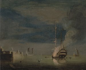En to-decker i brand om natten ved et fort af Charles Brooking