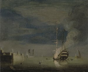 A Two-Decker on Fire at Night off a Fort, ca. 1740 (olie på lærred) af Charles Brooking