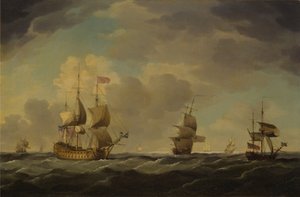 Et engelsk flagskib under let sejl i en moderat brise af Charles Brooking