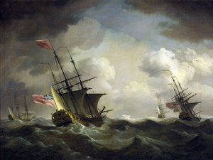 Britisk eskadre fanget i vinden. Olie på lærred af Charles Brooking