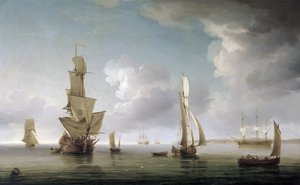 Sejlads i Themsens flodmunding (England), mange forskellige både og beskrivelse af den engelske kyst. Olie på lærred