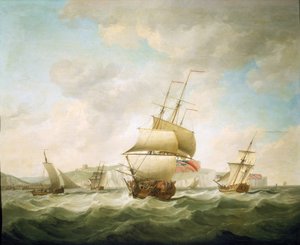 Handelsskib og kongelig yacht slået i vinden ud for Dovers kyst (England). Olie på lærred, omkring 1750, af Charles Brooking (1723-1759). af Charles Brooking