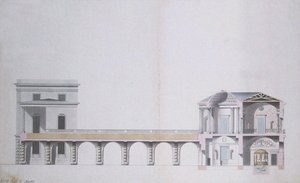 Tværsnit af Agat-pavillonen og den hængende have ved Tsarskoye Selo, ca. 1780 (pen og blæk med wc på papir) af Charles Cameron