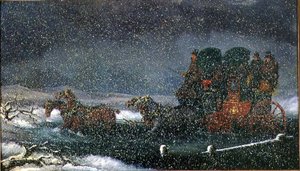 En diligence i en strøm i en snestorm (olie på lærred)
