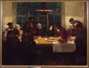 Afskedsmåltidet i havets land Breton-familien samledes om et bord. Centralpanel af en triptyqye af Charles Cottet (1863-1924). 1898 Søn. 1,76x2,37 m Paris, musee d