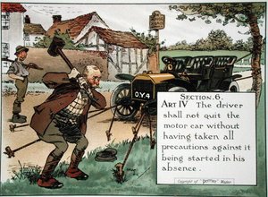 § 6. Art. IV Føreren må ikke forlade bilen uden at have taget alle forholdsregler mod, at den kan startes i hans fravær, fra en bog med færdselsregler, udgivet ca. 1905 (farve litho) af Charles Crombie