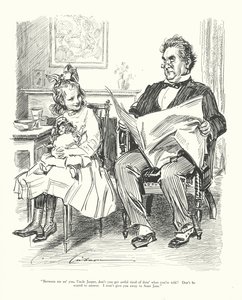 "Mellem os to, onkel Jasper, bliver du ikke træt af at gøre, hvad du får besked på Du skal ikke være bange for at svare. Jeg giver dig ikke væk til tante Jane" (litografi) af Charles Dana Gibson