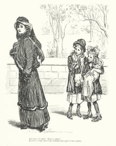 Lillesøster: En enke Hvad er en enke Storesøster: En dame, der har haft en mand og skal have en anden (litografi) af Charles Dana Gibson