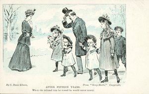 Kvinde, der møder den mand, hun nægtede i ægteskab, og som svor, at han aldrig ville gifte sig (farve litho) af Charles Dana Gibson