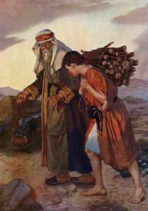 Abraham ofrer Isak (farve litho)