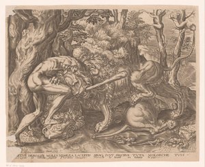 Hercules holder Nemean-løven i et kvælertag Labours of Hercules efter Frans Floris (serietitel) af Charles David
