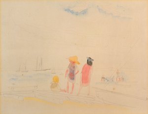 To kvinder og barn på stranden (wc og blyant på papir) af Charles Demuth