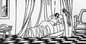 Melisande på besøg hos Golaud, der ligger i sengen efter at være faldet fra sin hest, træsnit af Charles Doudelet (1861-1938) til Pelleas og Melisande af Maurice Maeterlinck (1862-1949), udgivet af Claudio Argentieri, Spoleto, Italien