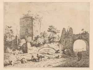 Landskab med ruiner af et tårn og en port Tryk med ruiner i landskaber (serietitel) Cahier de ruines et de paysages (serietitel) af Charles Echard (attributed to)