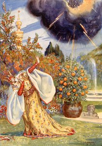 "En tyk sky dukkede op, hvorfra lyngafler pegede ud" (farvelitografi)