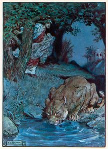 "Et uvelkomment væsen" (farvelitografi) af Charles Edmund (after) Brock