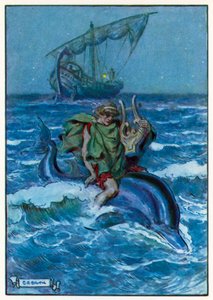 Han opdagede, at han sad overskrævs på en stor, sort fisk (farvelitografi) af Charles Edmund (after) Brock