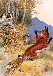 "Ud af buskene sprang hunden" (farvelitografi) af Charles Edmund (after) Brock