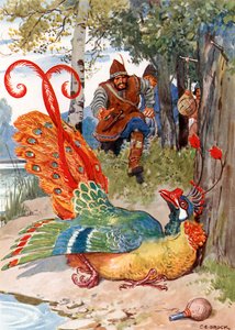 "Da han prøvede at flyve, fandt han sine vinger for tunge" (farvelitografi) af Charles Edmund (after) Brock